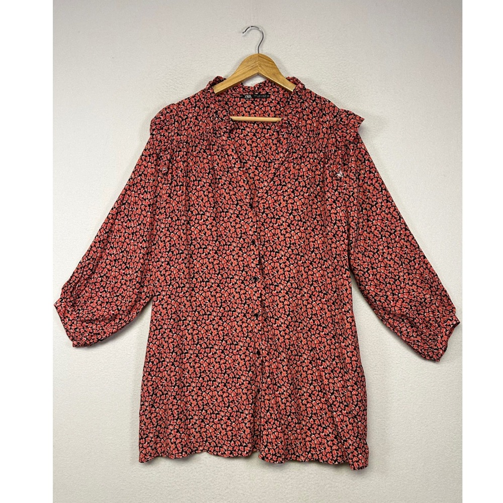 Boho Cottagecore Zara Large Red Black Ditsy Floral Ruffle Button Mini Dress